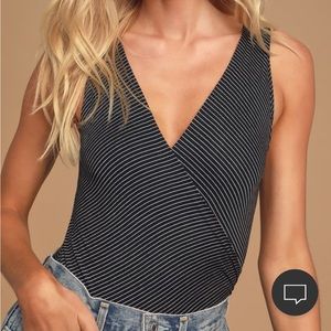 Lulu’s Along the Lines Black Striped Faux Wrap Bodysuit